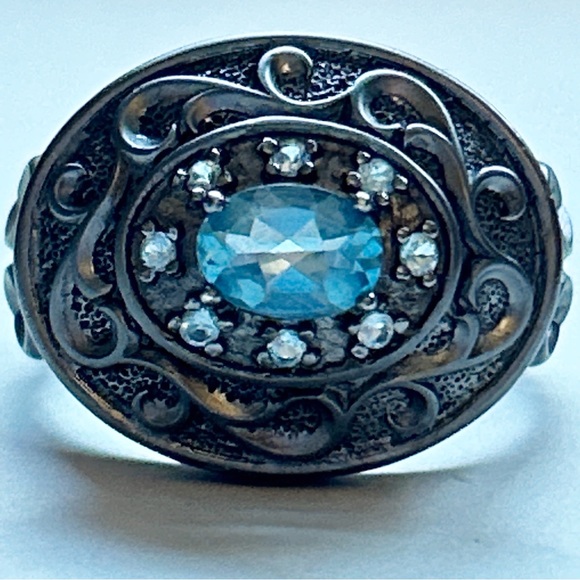 Blue Topaz Oxidized Sterling Silver Ornate Scroll Ring 10 - Picture 14 of 16
